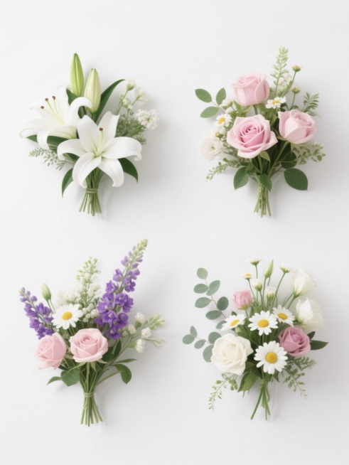 现代简约风格，纯白纯色背景，四个规整排布的鲜花花簇素材，每个花簇包含不同品种的花朵，有白色百合、粉色玫瑰、紫色飞燕草、白色小雏菊、绿色枝叶等，花朵层次丰富，色彩柔和自然，光影立体感强，细节清晰，无任何文字、logo和水印。预览效果
