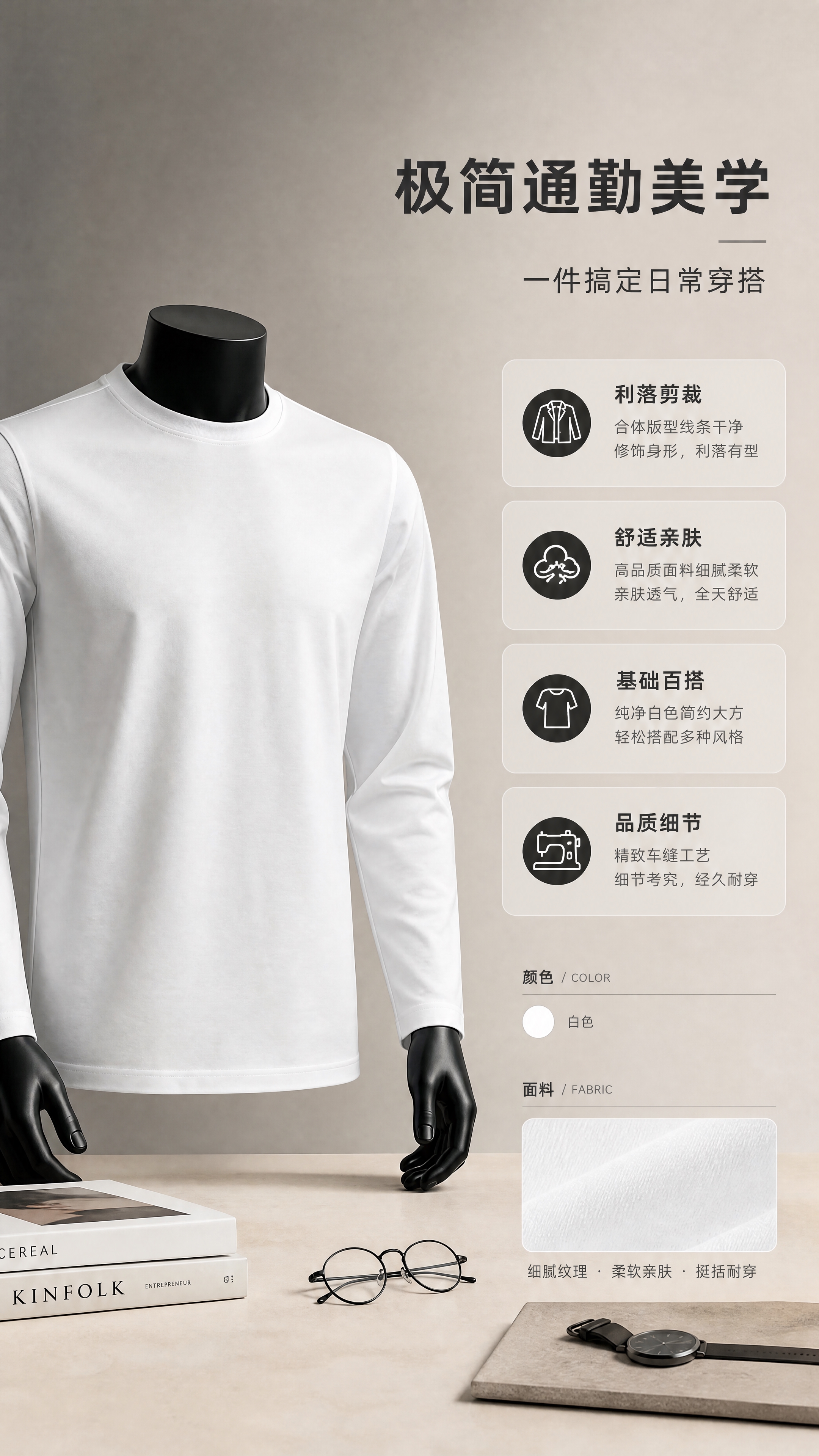 [商品] 使用【图1】白色圆领长袖卫衣；商品处理：保留圆领、长… - 图片创意预览