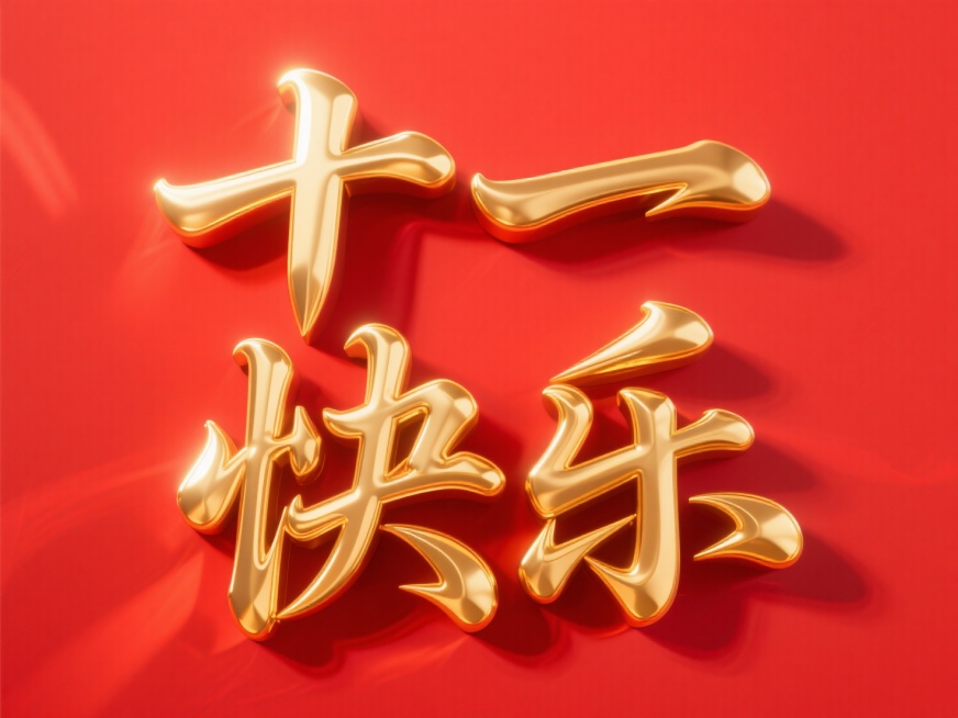 “十一快乐”的鎏金书法字，立体效果，主体清晰，中国红色背景预览效果