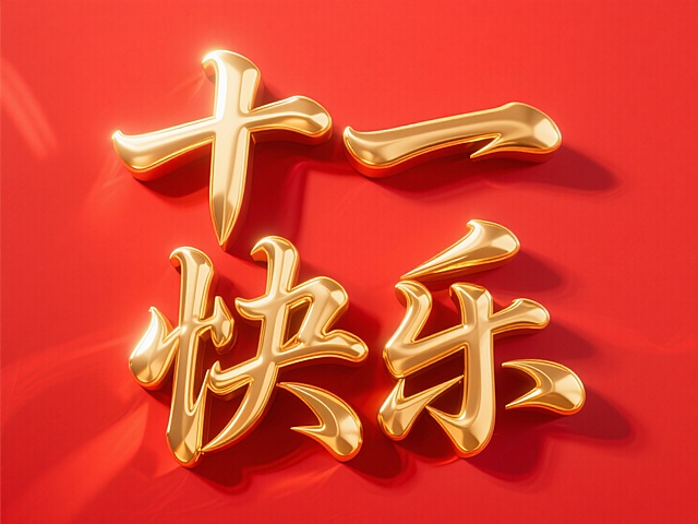 3D鎏金大字“十一快乐”，红色背景，喜庆感十足，节日氛围浓厚。