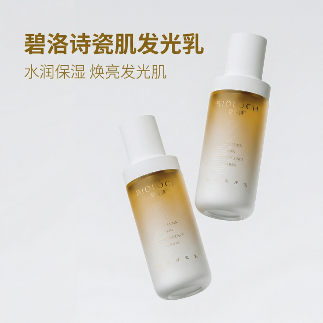 [主图1 首图产品展示] 碧洛诗瓷肌发光乳淘宝首图，两瓶发光乳错位悬浮摆放，产品外观和原图保持100%一致；极简高级轻奢风，浅灰色纯净柔光背景，瓶身渐变琥珀质感通透，产品占据画面中心约65%；文案"碧预览效果