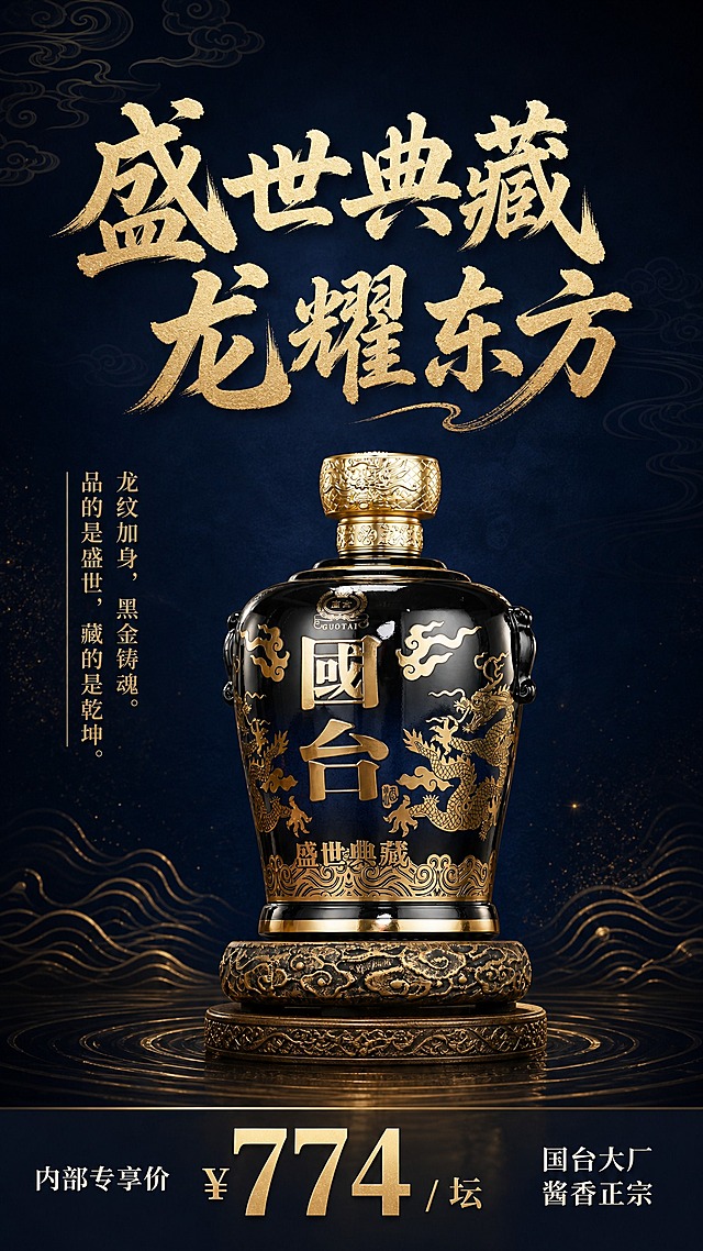高端白酒商品营销海报，竖版9:16。画面中央偏下位置放置国台盛世典藏龙纹黑金坛装白酒瓶，酒瓶100%还原上传商品图的外形、包装、LOGO、印刷文字、瓶型、瓶盖、龙纹图案、黑金配色与正面朝向，商品主体占画面约60%，清晰完整。

背景处理：深蓝色渐变底色，带有低调的暗纹云纹和水波纹肌理，暗纹若隐若现不抢眼，整体深邃有质感，不用原图背景。

颜色搭配：严格控制在黑、金、深蓝三色以内，金色使用暗金色/香槟金色（色值参考#D4AF37、#C5A059），不用亮黄色，整体沉稳高级。

排版布局（文字必须清晰可读，排版精美）：
1. 画面中上部（酒瓶上方）：大标题「盛世典藏 龙耀东方」，使用毛笔书法体（如镇魂手书风格），暗香槟金色，字号大，居中或略偏左，气势磅礴。
2. 酒瓶左侧空白处：竖排小字「龙纹加身，黑金铸魂。品的是盛世，藏的是乾坤。」，金色或浅金色，字号较小，竖排从上到下阅读，与酒瓶保持适当距离。
3. 画面底部醒目位置（底栏）：
   - 左侧：小字「内部专享价」，白色或浅金色
   - 中间：超大字「¥774 / 坛」，暗香槟金色，字号最大最醒目，是视觉焦点之一
   - 右侧：「国台大厂 酱香正宗」，白色或金色，字号中等

留白与构图：酒瓶周围留出充足空白空间，不要把文字塞得满满当当，视线集中在酒瓶和价格上。四周留安全边距，整体构图平衡，高端典藏感，商业摄影级质感，光影柔和，侧前方柔光打亮瓶身龙纹细节，有微妙的环境反射。

画面中必须完整呈现以下文字信息：「盛世典藏 龙耀东方」、「龙纹加身，黑金铸魂。品的是盛世，藏的是乾坤。」、「内部专享价」、「¥774 / 坛」、「国台大厂 酱香正宗」。画面中所有数字必须精确渲染，不得错位、遗漏或编造。