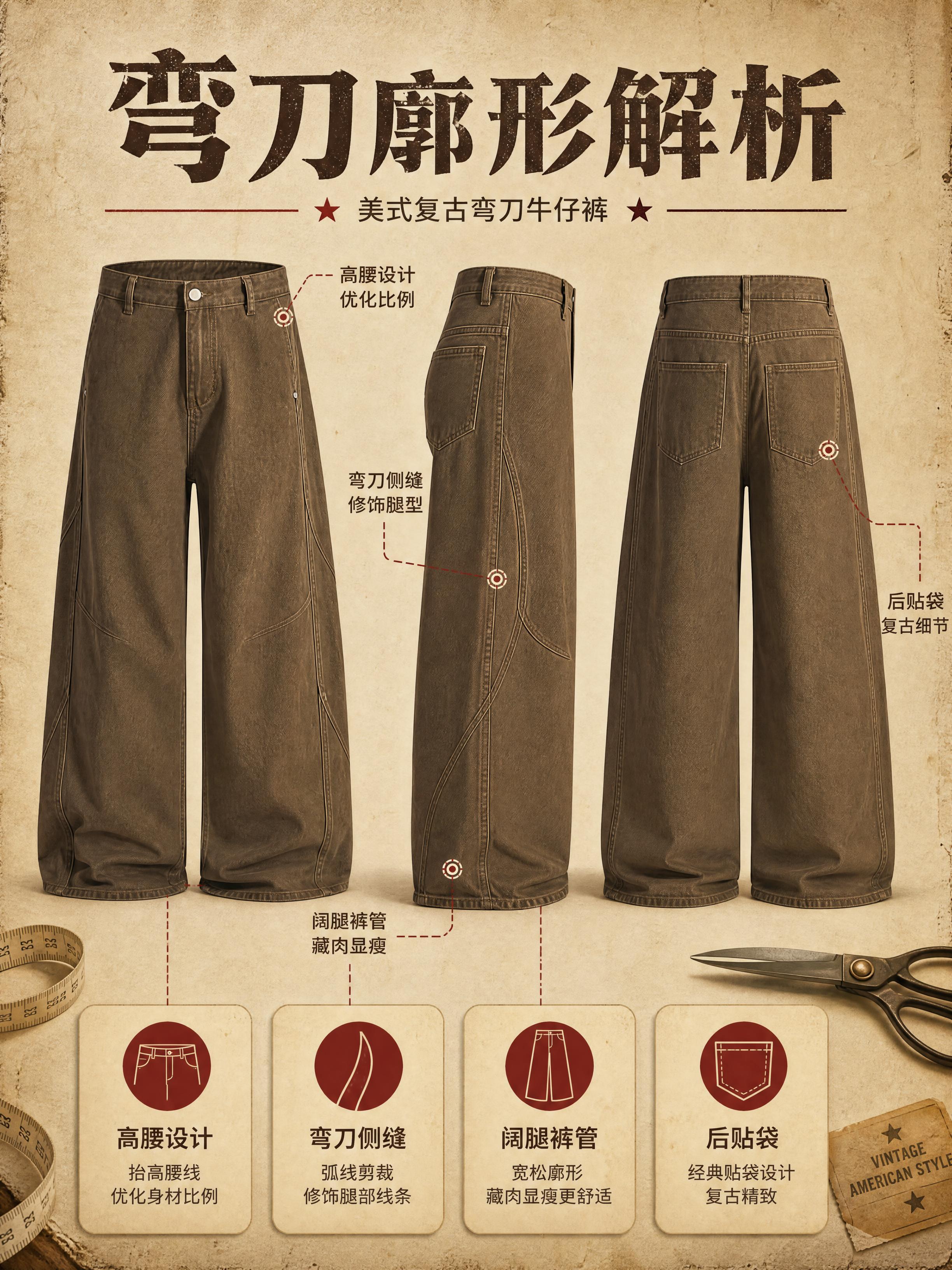[商品] 使用【图1】美式复古弯刀牛仔裤；商品处理：保留棕色卡… - 图片创意预览