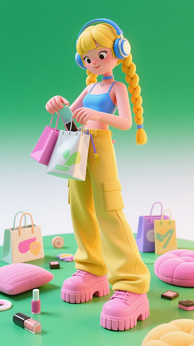 潮酷个性女生，黄色辫子戴蓝色耳机，穿蓝色吊带、黄色阔腿裤，正在打开包查看买的东西，脚踩粉色厚底鞋。周围有购物袋、粉色坐垫，散落化妆品，背景绿白渐变