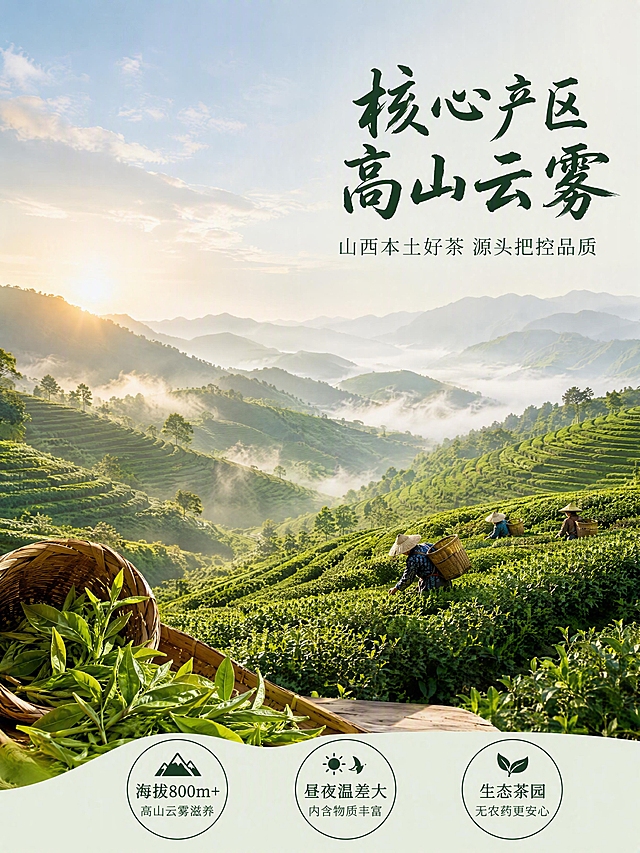 [第2张] 产地溯源页-高山茶园产地叙事。本张为产地专张，不使用产品图垫图。
[氛围/风格] 自然产地风，清新茶山氛围，真实可信，大气开阔，商业摄影质感。
[元素布局] 画面主体为连绵起伏的绿色茶山梯田，占画面约70%，清晨薄雾缭绕，层层叠叠的茶树整齐排列，阳光从山后透出金色光晕；中景有几位茶农背着竹篓在采茶，远景是朦胧的山峦与蓝天；画面左下角放置一小堆嫩绿鲜茶叶与竹编茶篓作为前景点缀；右上角留白放置文字区域。
[光影质感] 清晨侧逆光为主光，金色阳光穿透薄雾洒在茶山上，形成明暗层次的梯田光影；整体通透清新，自然真实，有薄雾的空气透视感。
[配色色系] 全局底色 #E8F0E3 茶山绿渐变；主色茶山绿+天空浅蓝；辅色米白、暖木棕；强调色金黄。
[视角构图] 平视微仰大场景，茶山延伸至远方形成纵深感；阅读动线右上标题→中部茶山场景→底部信息条。
[文字版式] 右上负空间右对齐留安全边距。主标题「核心产区 高山云雾」，深墨绿粗体书法风格最大号；副标题「山西本土好茶 源头把控品质」，约半高、深绿色细体。底部通栏三个圆形图标横向排列：图标一「海拔800m+」「高山云雾滋养」图标二「昼夜温差大」「内含物质丰富」图标三「生态茶园」「无农药更安心」；图标为深绿描边白填充，内部深绿文字。
[比例分辨率] 3:4 竖版比例，4K 分辨率，文字清晰可辨，高清画质。
[负向提示词] 变形，水印，文字错乱，文字过小，产品图模糊，背景杂乱，人物面部扭曲。