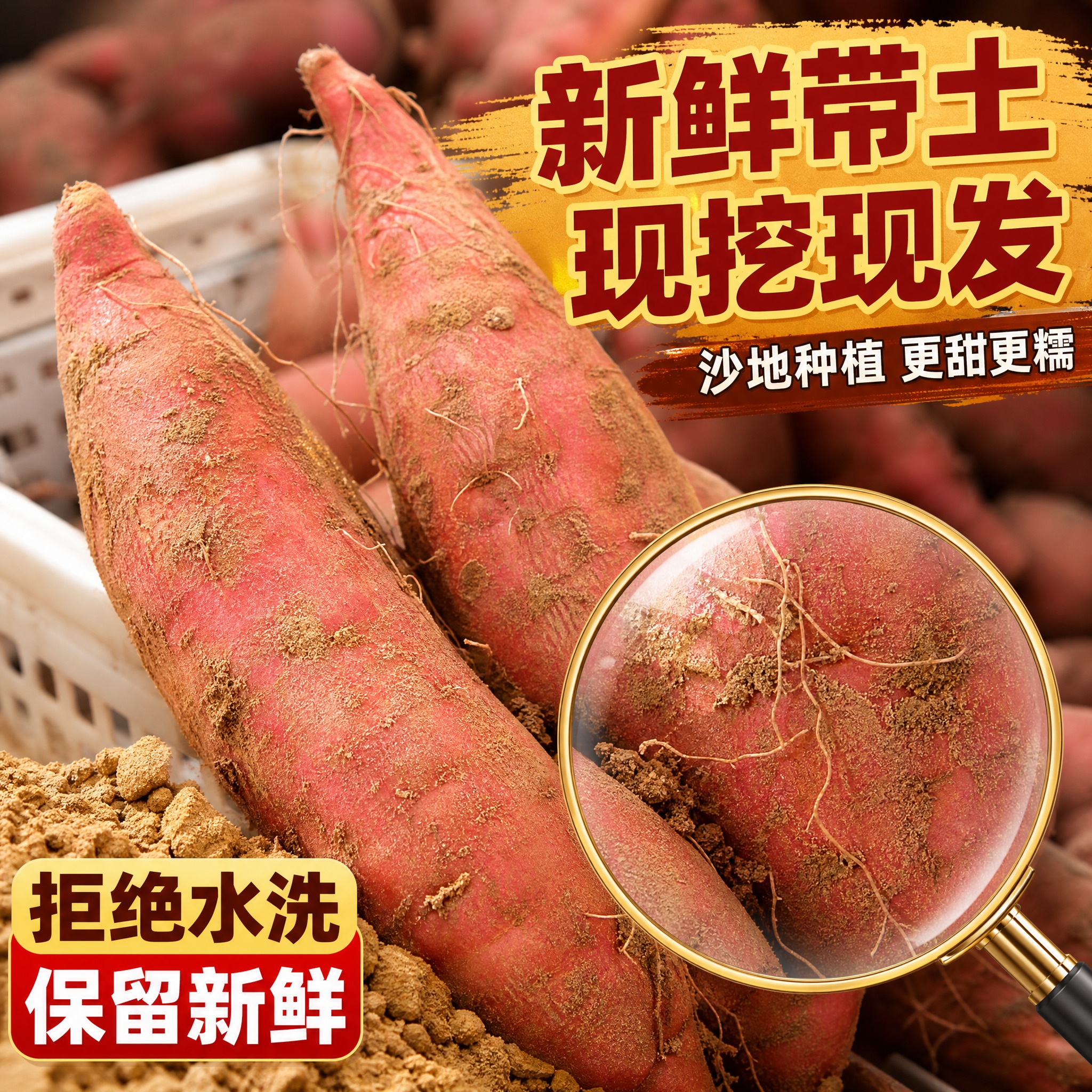 [主图-3] 细节特写 红薯品质 大小均匀 新鲜带土。 [统一… - 图片创意预览