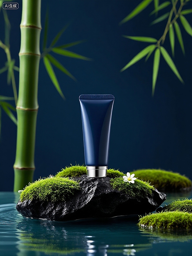 商业静物摄影。主体放置在岛台水面上的异形黑色岩石上，周围搭配少许绿色苔藓、白色小花，背景是竹叶剪影，整体深青色调。高级简约的光影。