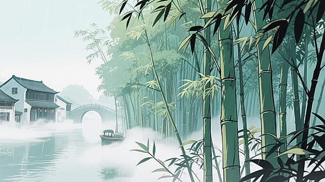 二次元古风，江南烟雨，河边，古城迷雾，竹子，构图夸张，浅绿色，细节丰富，不要人物，生成2张，16:9