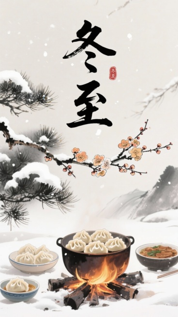 冬至海报，中国传统水墨风格，辅以少面积点缀的积雪的松枝与绽放的腊梅图案，搭配书法字标题“冬至”，围炉小吃、饺子预览效果