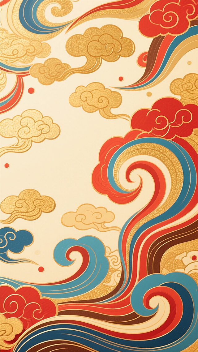 国潮风格背景，金色、红色、蓝色、棕色等色彩交织的祥云图案，祥云呈漩涡状和波浪状，线条流畅飘逸，具有浓厚的中国传统韵味，背景为米黄色，整体画面色彩丰富和谐，充满动感与吉祥氛围，祥云图案分布错落有致，细节精致，展现出传统与现代结合的设计感。