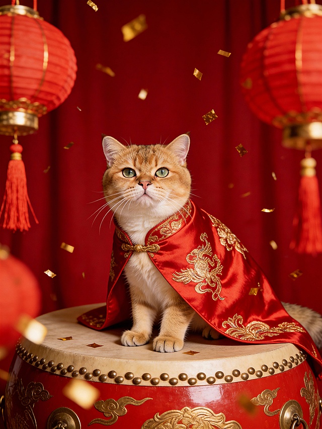 喜庆红金配色，中式刺绣披风点缀鎏金祥云，猫坐鼓上呼应国潮风韵，重拟物细节呈现复古质感，灯笼与金箔漫天飞舞，营造浓厚春节氛围。