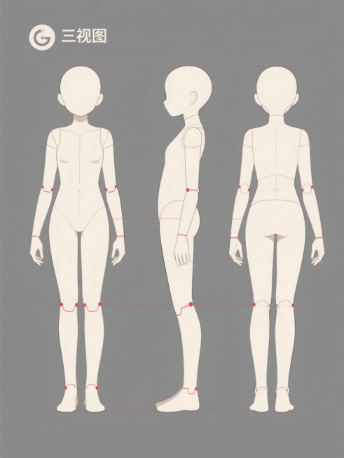 灰色纯色背景上的动漫风格人物三视图设计图，包含正面、侧面、背面三个视角，采用简洁的线条勾勒人物轮廓，柔和的米白色填充身体，关节处有红色线条标注，整体呈现出干净利落的设计感，无任何文字和logo元素预览效果