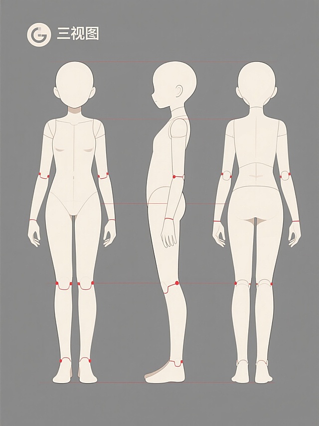 灰色纯色背景上的动漫风格人物三视图设计图，包含正面、侧面、背面三个视角，采用简洁的线条勾勒人物轮廓，柔和的米白色填充身体，关节处有红色线条标注，整体呈现出干净利落的设计感，无任何文字和logo元素