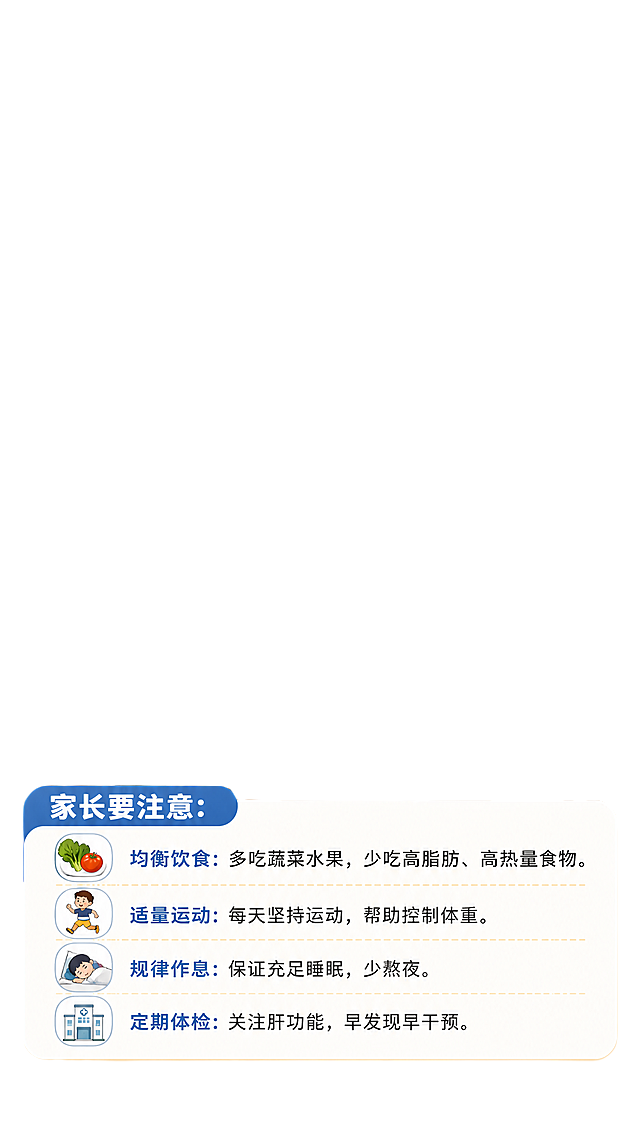 儿童健康科普图文，胖小孩捧着肚子坐在餐桌前，面前堆满炸鸡汉堡等高脂肪食物，配标题文字"肥胖会加重孩子肝脏负担"，科普风格，清晰易懂