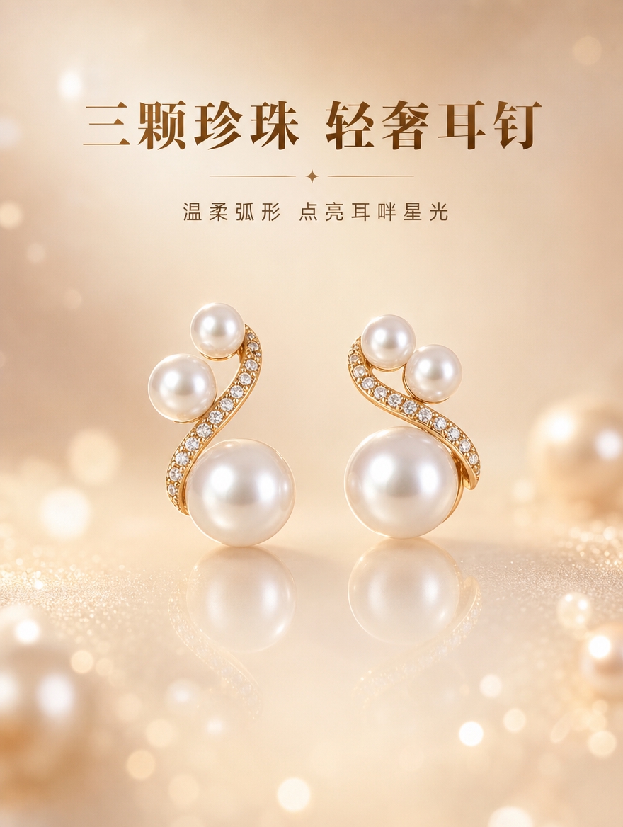 [商品] 使用【图1】三颗珍珠镶钻弧形耳钉；保留三颗珍珠错落排… - 图片创意预览