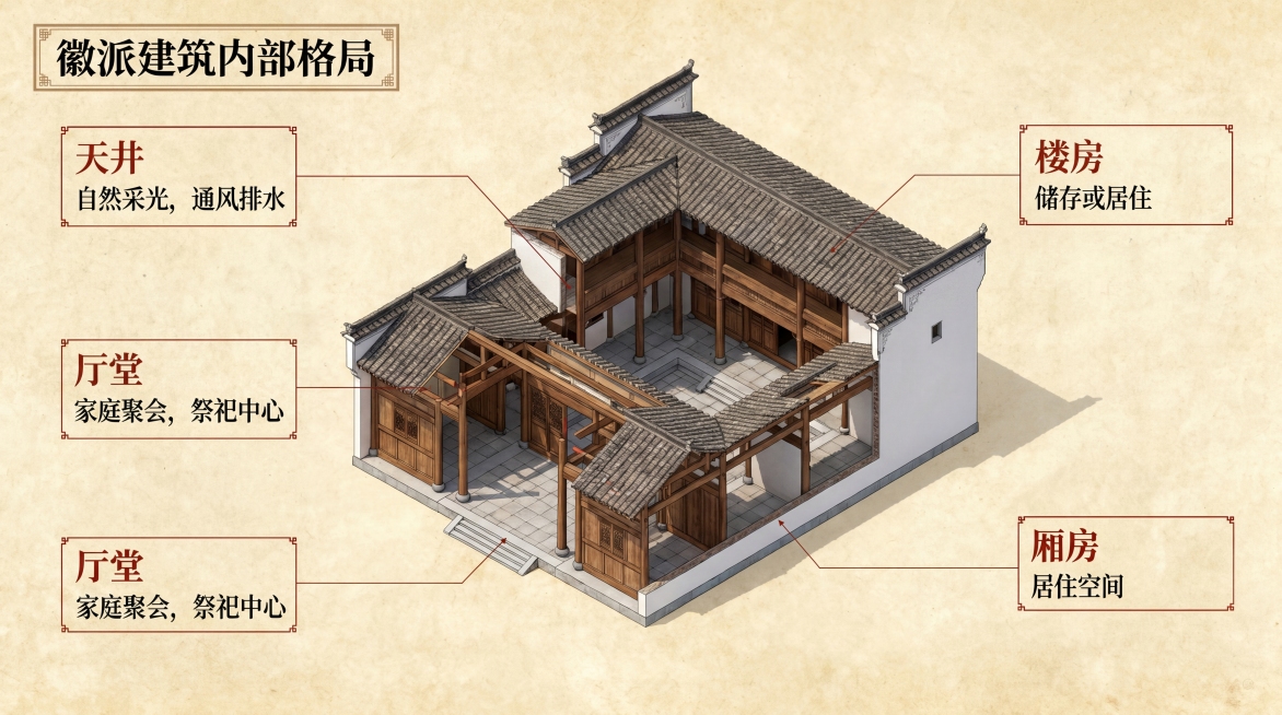 参考原图模板，生成展示徽派建筑内部格局的信息可视化图，保留复古米黄中国风设计风格，详细标注徽派建筑天井、厅堂、厢房等内部结构，展示四合院式内部布局，添加结构名称标注和相关说明文字预览效果