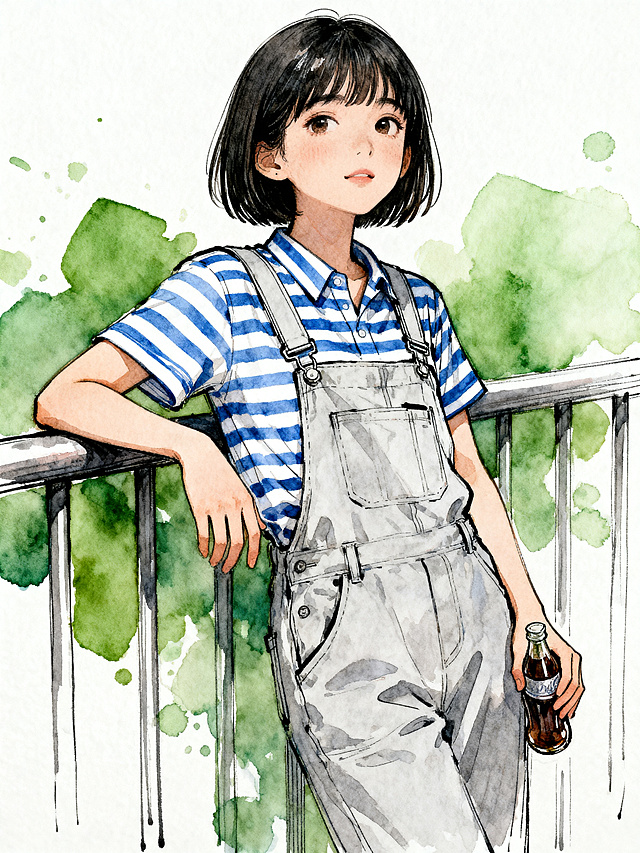 水彩风插画，清新自然的夏日少女，蓝白条纹衫搭配灰色背带裤，手持汽水瓶倚栏而立，柔和色调传递清爽舒适感，文艺气息扑面而来。