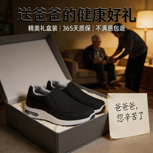 1:1方图，电影写实风，细腻暗调暖光氛围。画面中心是打开的深灰色高级质感鞋盒，盒内铺着米白色内衬，整齐放置参考图中的黑色老人鞋，鞋身网面纹理、气垫细节清晰真实，鞋盒旁放一张印有手写祝福语的米白色贺卡，预览效果