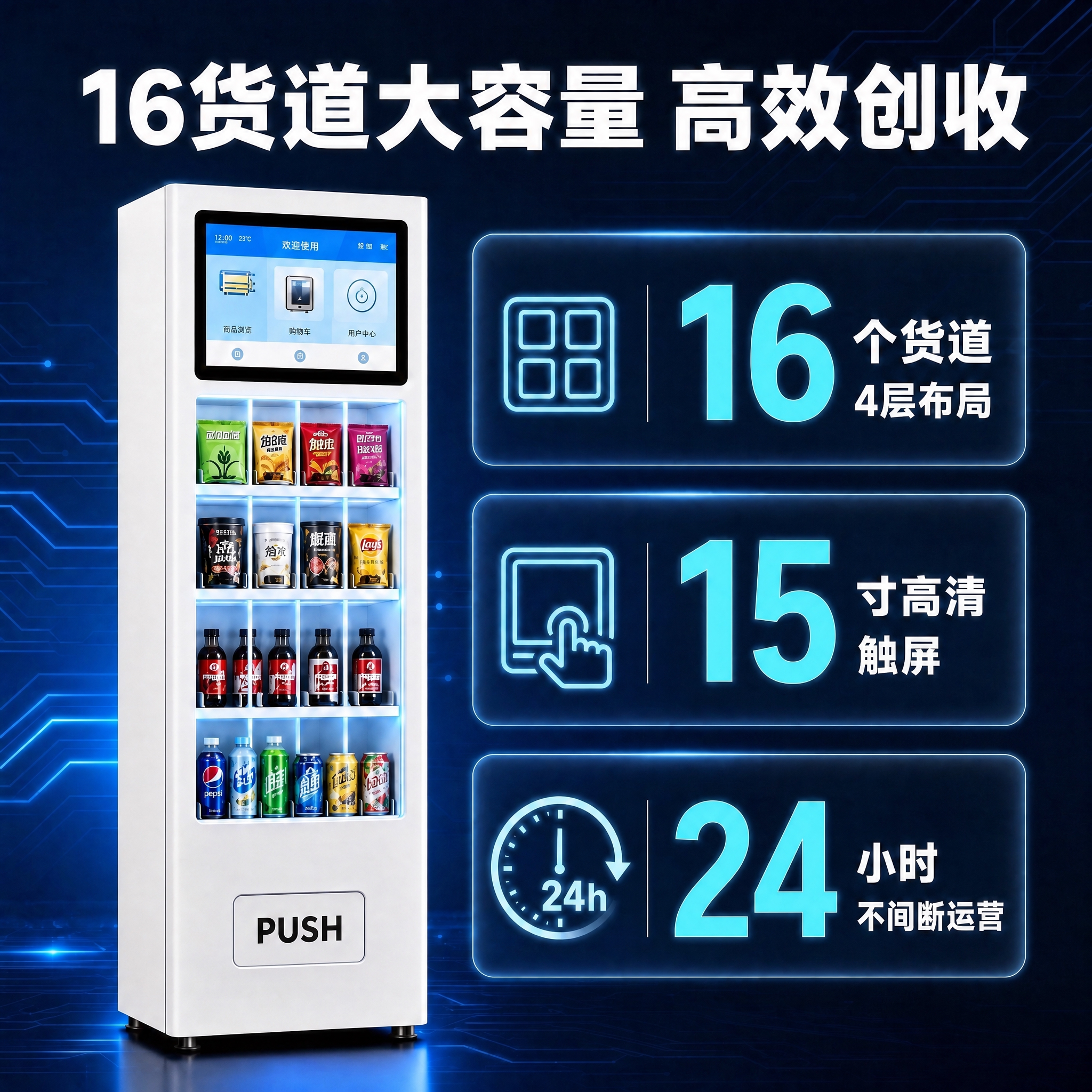 将画面中白色立式智能售货机的机身稍微增加一点厚度，使其略微宽厚… - 图片创意预览