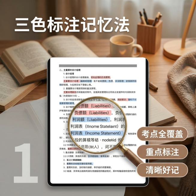 [主图主题] 2026初级会计核心卖点展示
[氛围/风格] 温馨明亮，暖色调学习氛围，温馨感
[画面元素] 中心展示三色笔记三种颜色标注考点的电子文档页面，用放大镜效果标注重点考点区域，背景为干净温馨预览效果