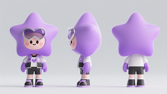 卡通潮玩，紫色星星拟人，大大的头，爱心玻璃头罩，搞怪，可爱，时尚的服饰，纯色背景