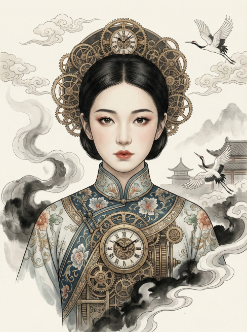 生成一张丝绸朋克风格的画面：主题为【中国年轻美丽少女】。

画面融合工笔的细密刻画与写意的留白节奏，结构高度秩序化但不冰冷。

细节精致、层次分明，

背景克制，点缀祥云、水墨烟雾、仙鹤等东方意象。预览效果