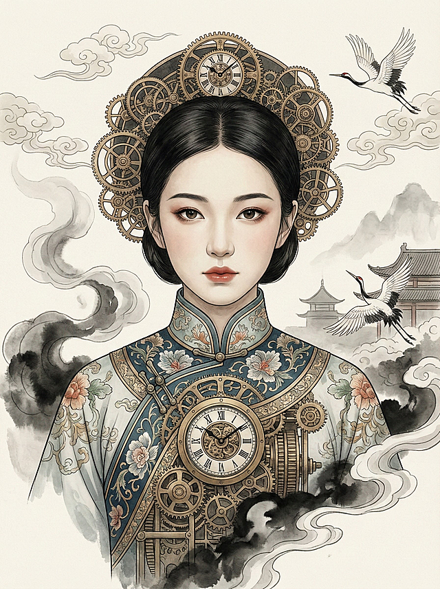 国潮风与蒸汽波融合，古典仕女身着中式旗袍，嵌入精密齿轮与机械钟表，水墨云雾缭绕，仙鹤飞舞，展现传统与科技的诗意碰撞。