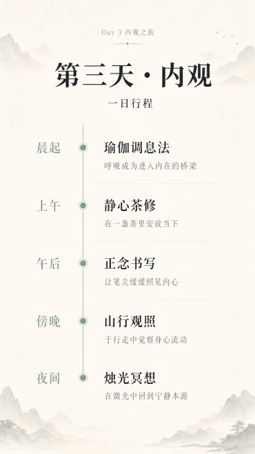 [第3屏] 三阶第三天完整课程流程安排
[氛围/风格] 禅意风，宁静时间轴设计，东方极简美学，舒缓氛围感，与一二阶保持一致风格
[元素布局] 顶部为标题"Day 3 内观之旅"，中部采用竖向时间轴串联预览效果