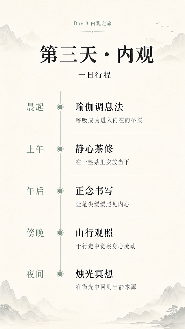 [第3屏] 三阶第三天完整课程流程安排
[氛围/风格] 禅意风，宁静时间轴设计，东方极简美学，舒缓氛围感，与一二阶保持一致风格
[元素布局] 顶部为标题"Day 3 内观之旅"，中部采用竖向时间轴串联全天5个核心环节，每个环节用圆点标注，时间节点在左，内容介绍在右，整体对称舒展，背景为淡淡的宣纸纹理，边角用浅墨远山做远层次装饰，不抢主体信息
[光影质感] 均匀柔和漫射光，整体干净通透，无明显硬阴影
[配色色系] 全局底色：#F7F3EA；主文字深灰#2C2C2C，时间轴浅灰绿#9BB2A1，时间节点文字用浅灰绿标注
[视角构图] 竖向通屏排版，时间轴居中偏左，信息分块清晰，阅读动线流畅
[文字版式] 顶部大标题"第三天 • 内观"加粗居中，小标题"一日行程"在下方，字号稍小；每个环节：时间"晨起"+标题"瑜伽调息法"+短说明"呼吸成为进入内在的桥梁"，层级分明，主标题加粗，说明文字浅色，行间距宽松，保证移动端阅读清晰
[比例分辨率] 9:16竖版比例，1080x1920，4K分辨率，文字清晰可辨
[负向提示词] 变形，水印，文字错乱，颜色偏差，背景杂乱，色彩鲜艳，线条杂乱，构图拥挤