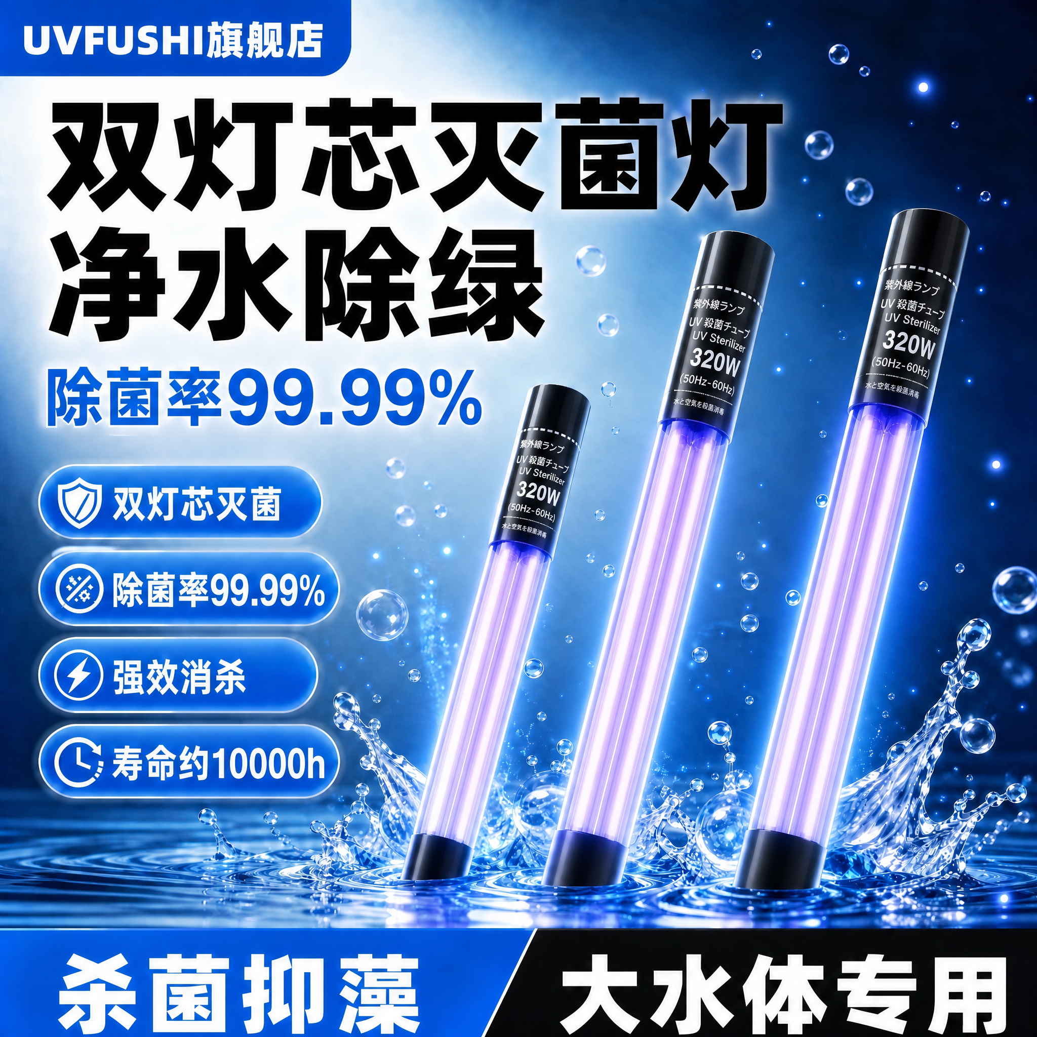 将图一中的三支UV灭菌灯全部替换为图二的灯管样式：灯管为细长圆… - 图片创意预览