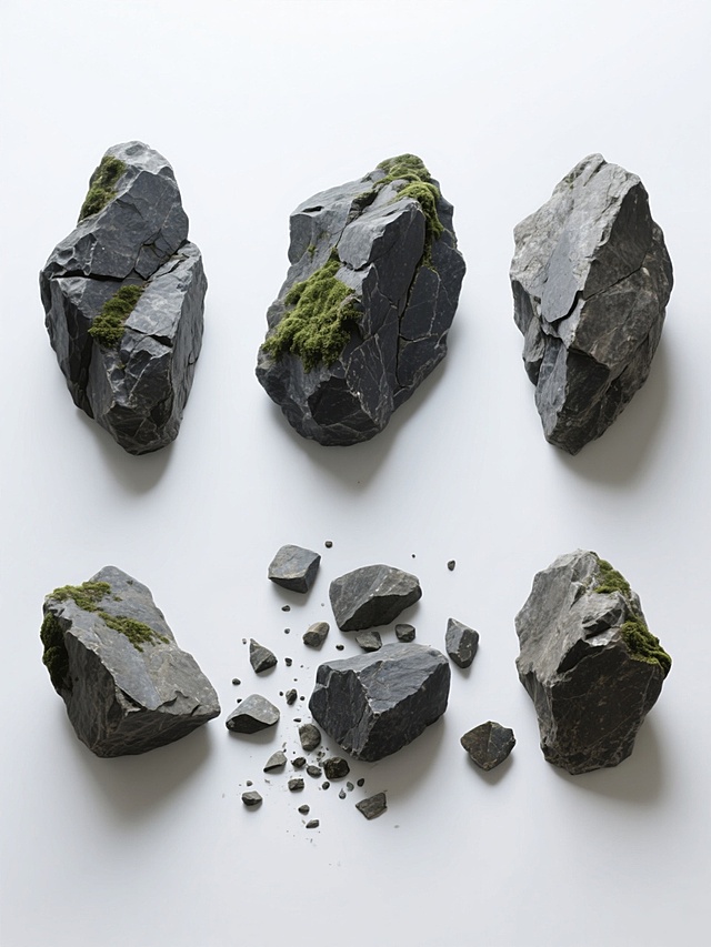 超写实风格的石头元素组合，白色背景，六组形态各异的岩石，每组岩石保持原有的高细节质感——包括深灰色岩石的粗糙表面纹理、自然风化形成的棱角与裂缝、部分岩石上覆盖的绿色苔藓以及碎石块的随机散落状态，光照均匀柔和，阴影浅淡自然，整体呈现出自然、真实的静物摄影效果。