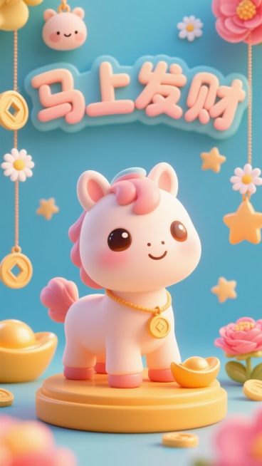 萌系卡通吉祥主题设计，中心是超Q软萌卡通小马，体型圆润短小，大眼睛亮晶晶，神态乖巧讨喜，毛发蓬松柔软；搭配“马上发财”软萌变形艺术字，字体圆润无棱角，带轻微奶油质感，颜色鲜亮柔和；艺术字环绕卡通马周边预览效果
