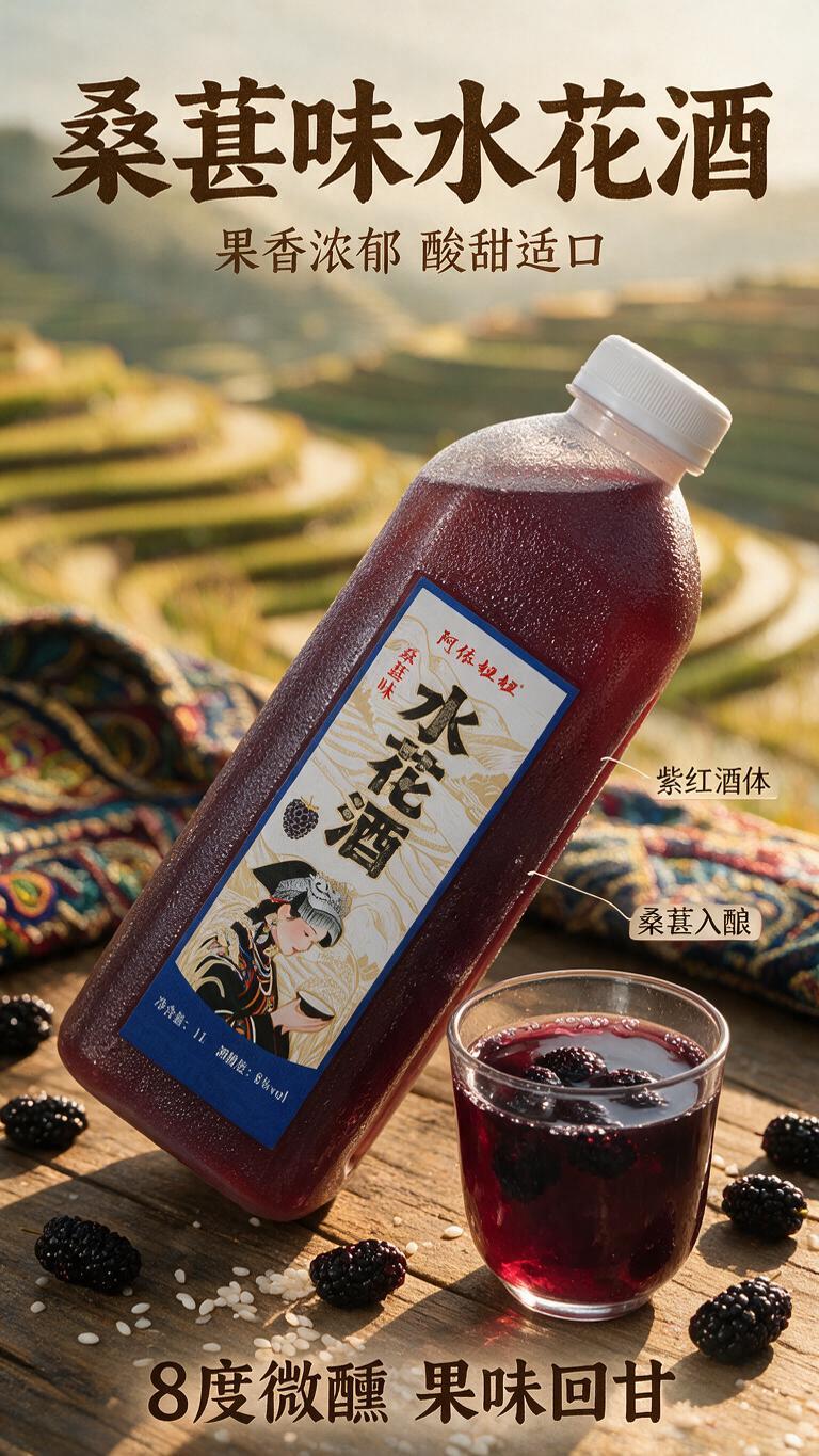 [商品] 使用产品图阿依妞妞水花酒，重点展示桑葚味（深紫红色酒… - 图片创意预览