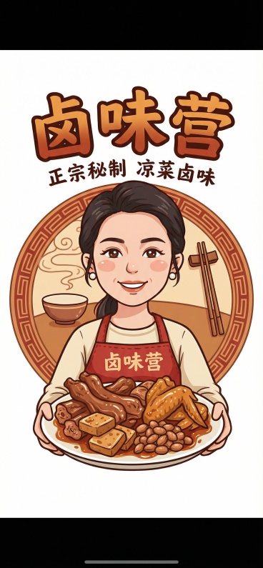 以这个人物形象为底，生成一家名为”卤味营“的卤味凉菜店logo，预览效果