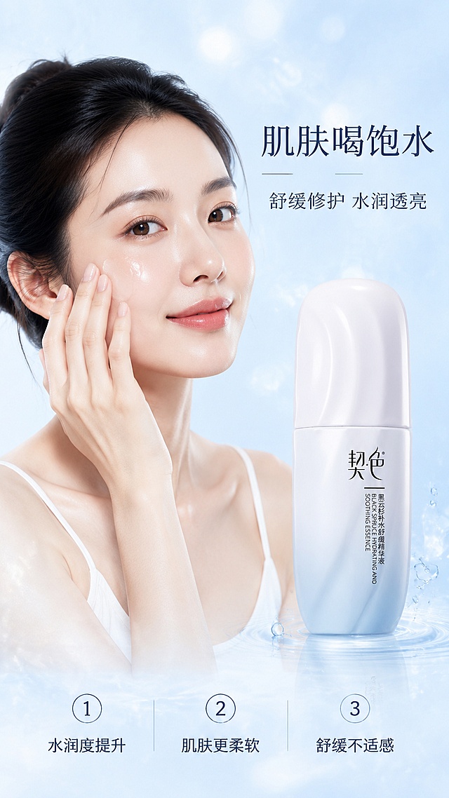 [第3屏] 真人效果展示-亚洲女性面部护肤使用效果。本屏使用【图5】精华液作为产品展示。
[氛围/风格] 清新自然，肌肤水润透亮，真实使用感，柔光美妆摄影风格。
[元素布局] 画面左侧为亚洲年轻女性半身像，面部肌肤水润有光泽，手正在脸部涂抹精华液，表情放松愉悦；右侧中下部放置黑云杉舒缓精华液产品图，产品物理结构、白蓝渐变色与输入图一致；背景为淡蓝色水光渐变，点缀柔和光斑、透明水波纹；前景有轻微水雾效果。
[光影质感] 正面柔光照明，肌肤呈现自然光泽，瓶身高光清晰，整体明亮柔和，阴影过渡自然。
[配色色系] 全局底色 #F0F8FF 浅蓝白渐变；主色 #64B5F6 水蓝；辅助色 #FFFFFF 白色；点缀色 #90CAF9 浅蓝。
[视角构图] 左人物右产品构图，人物面部为视觉焦点，阅读动线人物脸部 → 右侧产品 → 底部编号卖点。
[文字版式] 版式为左侧人物 + 右侧产品 + 底部3个编号效果点。主标题「肌肤喝饱水」，副标题「舒缓修护 水润透亮」，位于画面右上；底部3个编号效果：1「水润度提升」2「肌肤更柔软」3「舒缓不适感」；文字为深灰蓝色纤细黑体，清晰可读，不遮挡人物和产品。
[比例分辨率] 9:16 竖版比例，4K 分辨率，文字清晰可辨，高清画质。
[负向提示词] 人物变形，产品变形，颜色偏差，水印，文字错乱，肌肤不自然，过度磨皮。