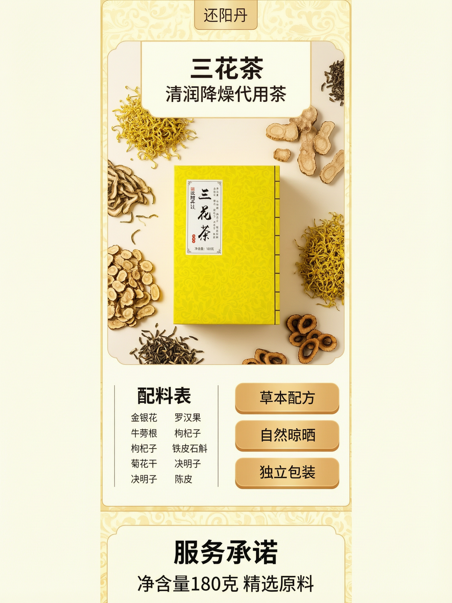 三花茶商品详情页，整体延续主图浅黄色国风风格，展示商品核心信息… - 图片创意预览