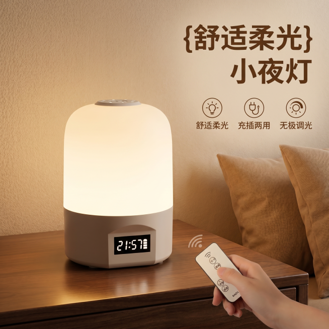 [主图-1] 多功能床头小夜灯卧室场景首图。氛围风格：家居温馨治愈风，温暖柔和氛围感。画质：商业摄影质感，光线柔和通透，产品清晰真实，画面干净高级。元素：原款奶咖色多功能小夜灯放置在深胡桃木床头柜上居预览效果