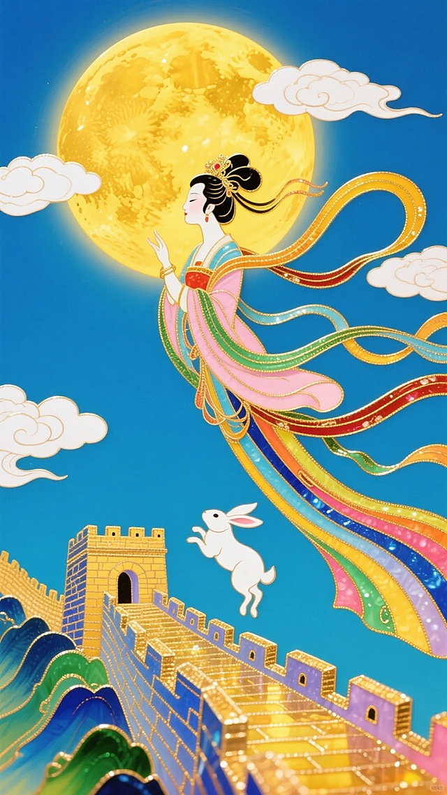 梦幻唯美插画风，中式古典与国潮融合，嫦娥飞天于金月之下，彩带飘逸如刺绣般精致，长城蜿蜒，玉兔相伴，鎏金质感尽显中秋雅韵。
