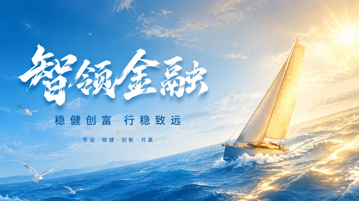 参考提供的版式风格，左侧大字体书法标题，右侧主体帆船海洋。金融行业品牌主视觉海报，风格沉稳大气，浅蓝色海面搭配金色阳光海浪，主标题书法大字"智领金融"，副标题"稳健创富 行稳致远"，右侧金色帆船航行在预览效果