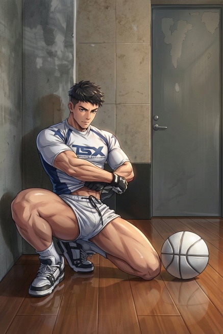 将图中的男生转换为动漫画风，保留原人物短发、肌肉身材、蓝白运动服饰、姿势和室内篮球场景，精致动漫画风，帅气质感，保留篮球细节预览效果