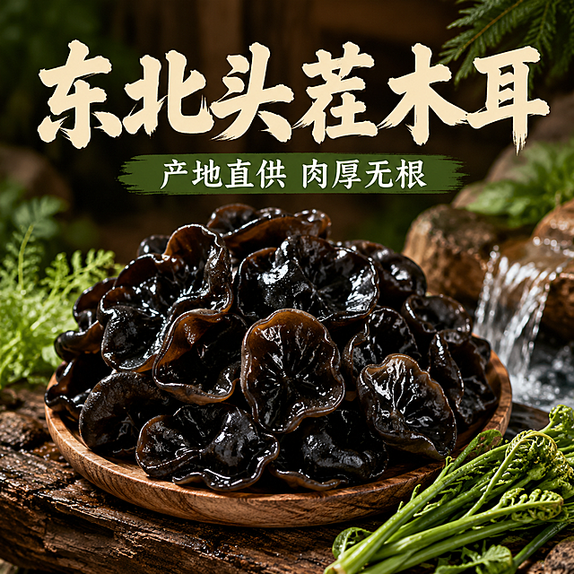 直播封面图，画面简洁干净，主体是东北头茬黑木耳，木耳饱满厚实、色泽黑亮有光泽，摆放在天然木质背景上，旁边点缀少量绿色山野菜和山泉水，营造东北山林原生态的感觉。画面上方有醒目大字标题"东北头茬木耳"，下方有小字"产地直供 肉厚无根"，整体色调以深褐黑+原木色+绿色为主，风格真实自然、有食欲，适合抖音、视频号、小红书三个平台通用的直播封面，构图居中，主体突出，文字清晰易读