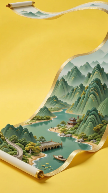 将画面的背景底色修改为干净明亮的纯黄色，保留画轴、山水、建筑、河流、树木等画中所有内容不变，保持整体3D国潮风格预览效果