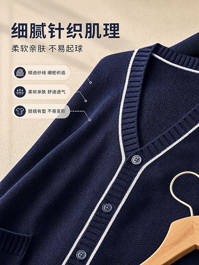 [商品] 使用【图1】藏青色V领针织开衫；商品处理：保留藏青色针织面料、V领结构、撞色白边、纽扣、口袋和整体版型；放大衣身局部针织纹理，自然理顺面料褶皱，增强织纹立体感与纱线质感，不改变材质和颜色。
[画面] 目标为面料肌理细节页，微距特写展示针织纹理，衣身局部占画面约70%，斜向铺陈，能清晰看到每一针织纹的细密排列；左上角留白放标题与说明，右下角轻轻搭放一只木质衣架的局部作为道具；背景为浅米色细腻织物质感，柔和光影打在针织表面形成自然明暗，突出面料的柔软与质感。
[视觉] 套系策略：风格=国内电商学院风简约高级商业摄影；标题字=思源黑体粗体；正文字=思源黑体常规体；主色=藏青蓝；背景延展=基于浅米杏色做深浅层级、同色渐变和细腻纸张/织物质感；强调色=奶白色，仅用于小面积图标、引线和标签；标题色=深藏青；正文色=深炭灰；组件=圆角浅底信息卡、细线引线、小标签；光影=左前侧柔和自然光，阴影自然柔和。
[文字] 左上主标题「细腻针织肌理」，副标题「柔软亲肤 不易起球」，下方三个短卖点「精选纱线 细密织造」「柔软亲肤 舒适透气」「挺括有型 不易变形」，文字横向排版，字号清晰手机端可读，不遮挡面料主体纹理。
[规格] 图片比例3:4竖版，4K分辨率，避免变形、错字、文字过小、模特上身、冷蓝/蓝灰背景、面料颜色改变、纹理失真、水印、二维码。