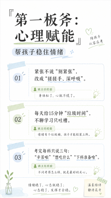 竖版清爽悦目的读书笔记风格海报，主标题「第一板斧：心理赋能」副标题「帮孩子稳住情绪」，采用干净留白分栏排版，每个要点配班主任经验：1. 紧张不说“别紧张”，改成“搓搓手、深呼吸”。班主任经验：身体松了预览效果