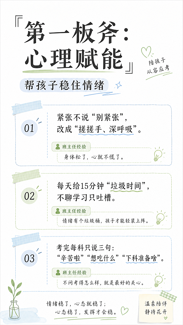 竖版清爽悦目的读书笔记风格海报，主标题「第一板斧：心理赋能」副标题「帮孩子稳住情绪」，采用干净留白分栏排版，每个要点配班主任经验：1. 紧张不说“别紧张”，改成“搓搓手、深呼吸”。班主任经验：身体松了，心就不慌了。2. 每天给15分钟“垃圾时间”，不聊学习只吐槽。班主任经验：情绪有个垃圾桶，孩子才能轻装上阵。3. 考完每科只说三句：“辛苦啦”“想吃什么”“下科准备啥”。班主任经验：不问考得怎么样，就是最好的关心。背景干净白色，文字清晰舒适，符合中学生和家长喜欢的简约清爽读书笔记风格