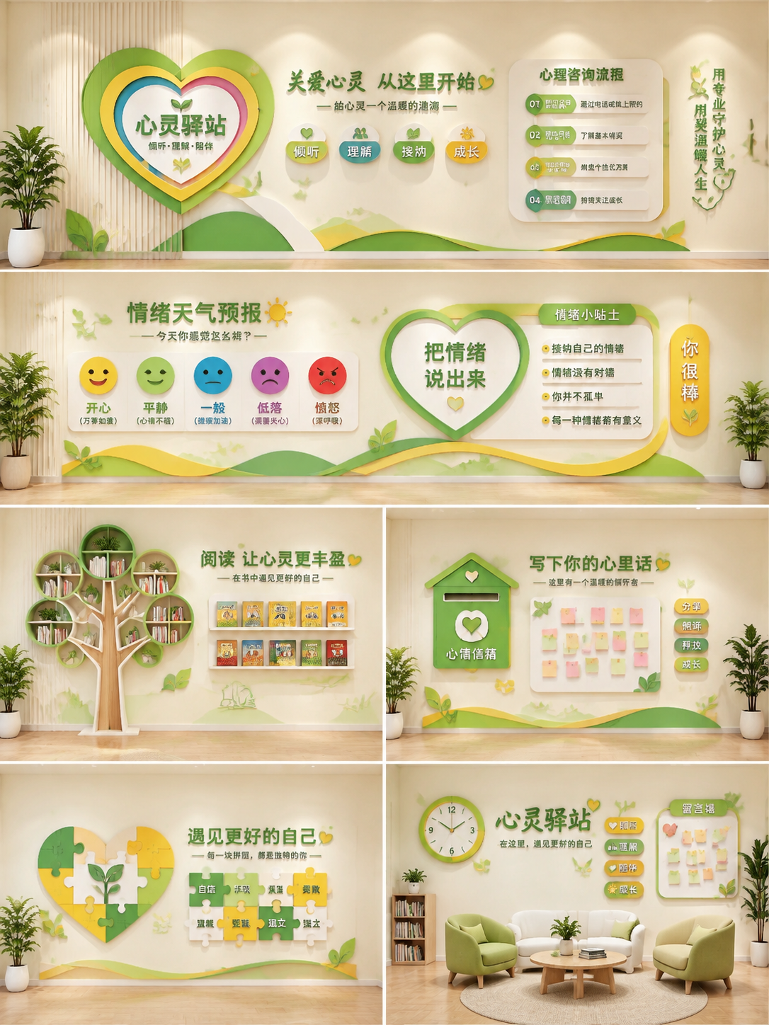 参考图中清新治愈的绿色系心灵驿站文化墙风格，重新设计一整套心理… - 图片创意预览