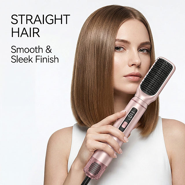 High-end beauty appliance detail image: 5-in-1 hot air styler showing straight hair function, Caucasian female model with perfectly straight shiny hair, product in hand, clean white background, professional studio lighting, English text 'Straight Hair' and 'Smooth & Sleek Finish', minimalist design, 2K resolution