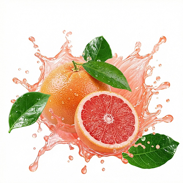 把柠檬改成两个葡萄柚，两个葡萄柚其中一颗漏出新鲜红果肉，所有葡萄柚上带水珠，新鲜颜色，纯白色背景悬空，高清晰大图