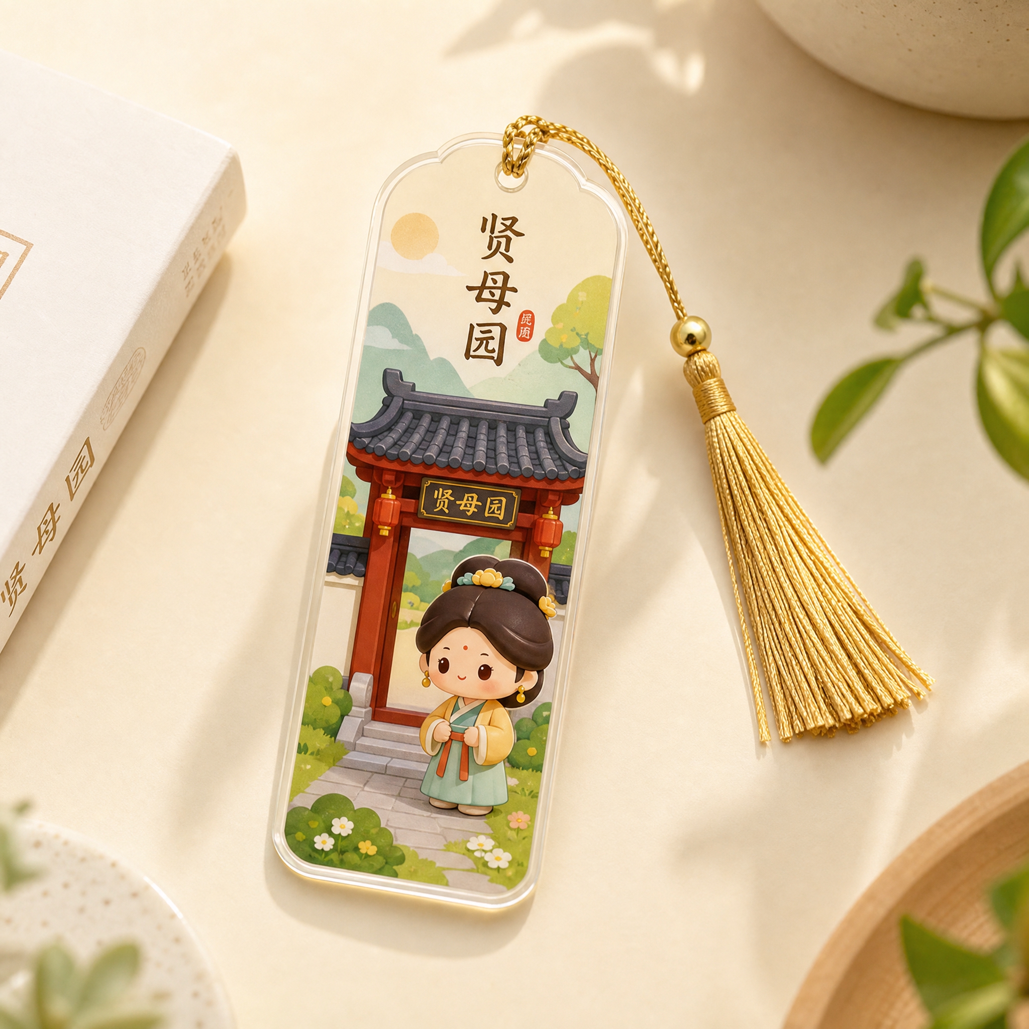 产品摄影图，一枚精美的亚克力书签，书签上印有参考图中的贤母园Q… - 图片创意预览