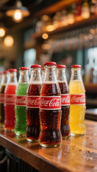 超写实风格摄影，特写镜头下的餐饮店吧台场景，冰镇的多瓶不同口味可口可乐玻璃瓶（经典红色、绿色、黄色瓶身，红色瓶盖，瓶身布满晶莹水珠与细密气泡）整齐排列在吧台上，背景可见模糊的餐饮店暖色调灯光与木质桌面纹理，整体光影柔和，色彩浓郁饱和，瓶身液体折射出诱人光泽，水珠欲滴的清凉质感，营造出夏日饮品的清爽氛围与餐饮店的温馨格调，画面聚焦可乐瓶细节，保持高度清晰的材质表现与真实的水珠光影效果。预览效果